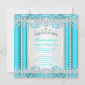 ティール（緑がかった色）ブルーレースプリンセスキンセアニェラダイヤモンド 招待状 (正面)