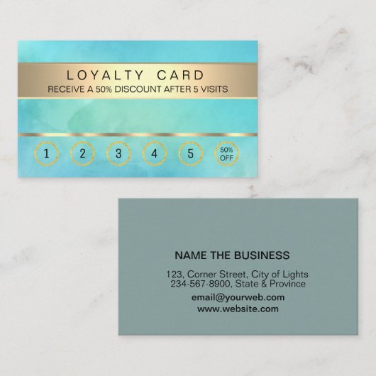ティール（緑がかった色）ブルーロイヤリティカードサロン化粧アーティスト ロイヤリティカード (正面/裏面)