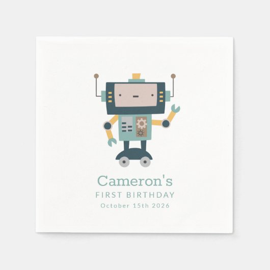 ティール（緑がかった色）ブルーロボットギアシンプル第1誕生日 スタンダードカクテルナプキン (正面)