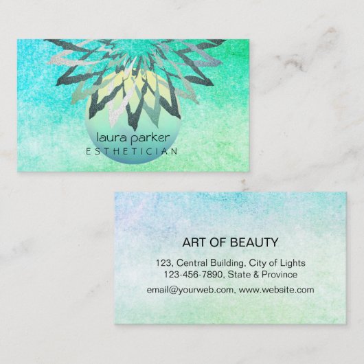 ティール（緑がかった色）ブルーロータスフラワーボーティシャン美容師 名刺 (正面/裏面)