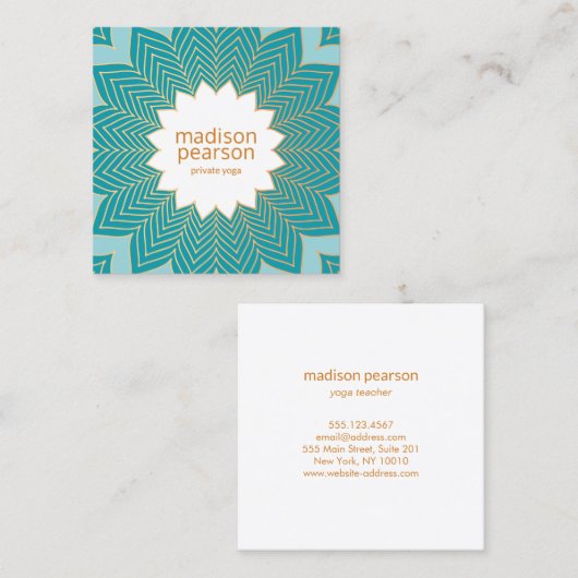ティール(緑がかった色)ブルーロータスマンダラフラワーヨガ先生 スクエア名刺 (正面/裏面)