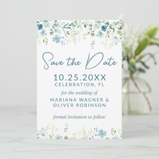 ティール（緑がかった色）ブルーワイルドフラワーデイトカードを保存 招待状 (スタンド正面)