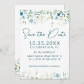 ティール(緑がかった色)ブルーワイルドフラワーデイトカードを保存 招待状 (正面/裏面)