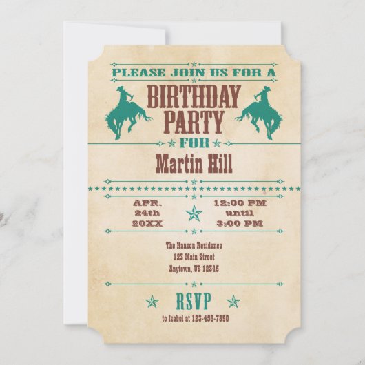 ティール(緑がかった色)ブルーヴィンテージカウボーイ誕生日招待状 招待状 (正面)