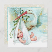 ティール（緑がかった色）ブルーヴィンテージストークベビーシャワー 招待状 (正面/裏面)