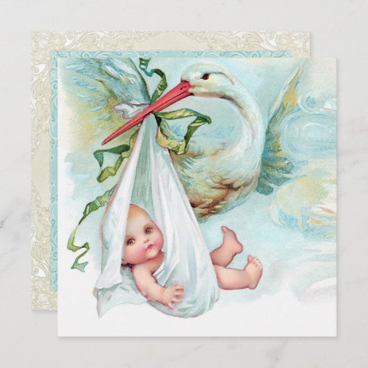 ティール（緑がかった色）ブルーヴィンテージストークベビーシャワー 招待状 (正面/裏面)