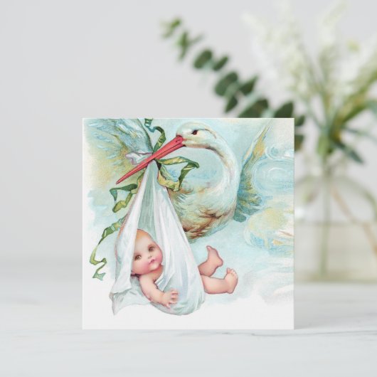 ティール(緑がかった色)ブルーヴィンテージストークベビーシャワー 招待状 (スタンド正面)