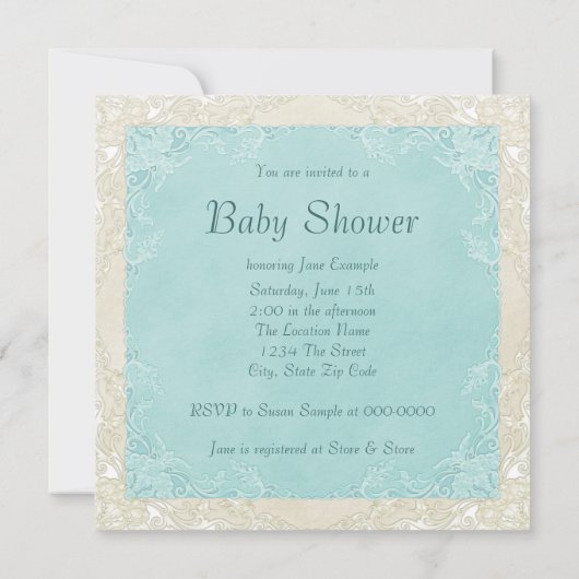 ティール(緑がかった色)ブルーヴィンテージストークベビーシャワー 招待状 (裏面)
