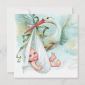 ティール(緑がかった色)ブルーヴィンテージストークベビーシャワー 招待状 (正面)