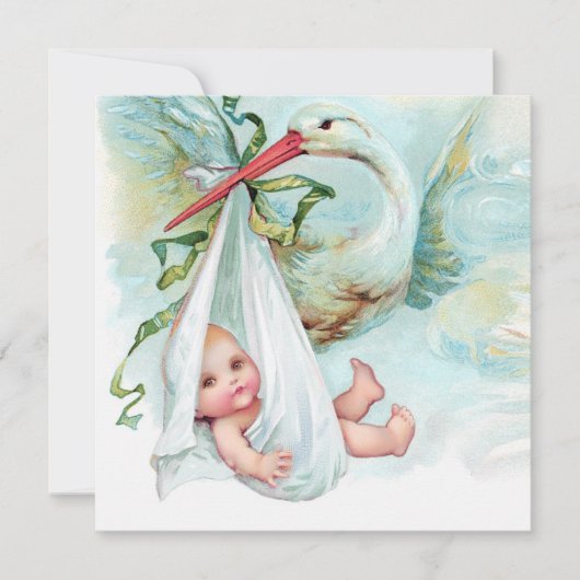 ティール（緑がかった色）ブルーヴィンテージストークベビーシャワー 招待状 (正面)