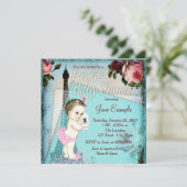 ティール（緑がかった色）ブルーヴィンテージパリベビーシャワー 招待状 (スタンド正面)