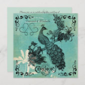 ティール（緑がかった色）ブルーヴィンテージピーコック結婚式招待状 招待状 (正面/裏面)