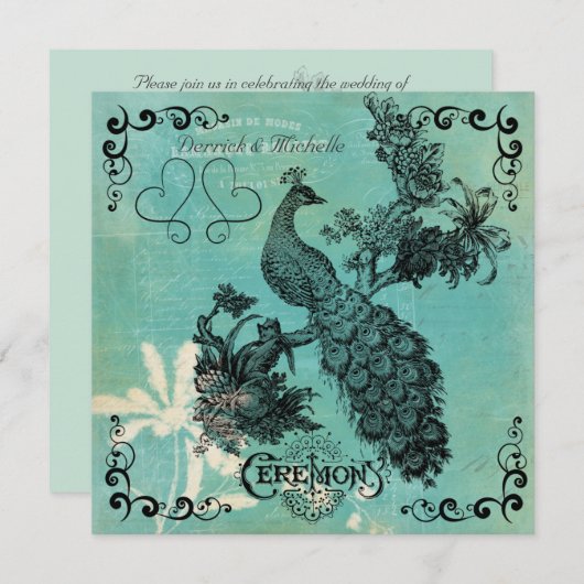 ティール(緑がかった色)ブルーヴィンテージピーコック結婚式招待状 招待状 (正面/裏面)