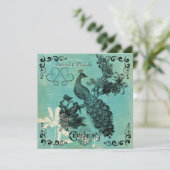 ティール（緑がかった色）ブルーヴィンテージピーコック結婚式招待状 招待状 (スタンド正面)