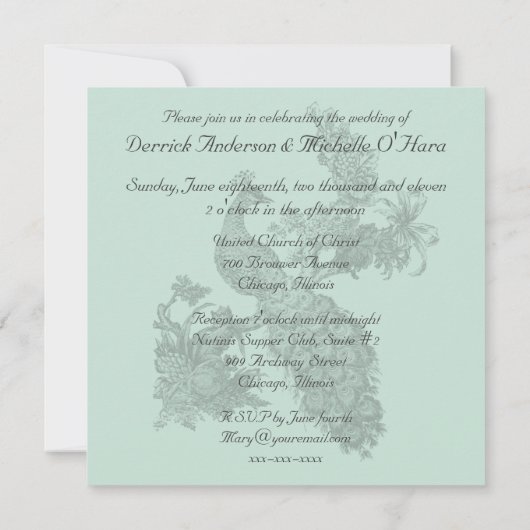 ティール（緑がかった色）ブルーヴィンテージピーコック結婚式招待状 招待状 (裏面)