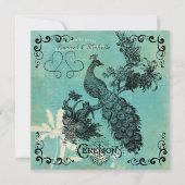 ティール（緑がかった色）ブルーヴィンテージピーコック結婚式招待状 招待状 (正面)