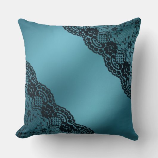 ティール（緑がかった色）ブルーヴィンテージレース装飾枕 クッション (正面)