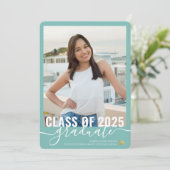 ティール(緑がかった色)ブルー卒業写真オープンハウス招待状 案内状 (スタンド正面)