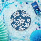 ティール（緑がかった色）ブルー及びホワイトハイビスカス花柄 ペーパープレート (パーティー)