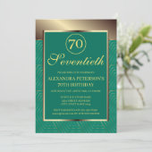 ティール（緑がかった色）ブルー及び金ゴールド縁どパターン（の模様が）ある誕生日 招待状 (スタンド正面)