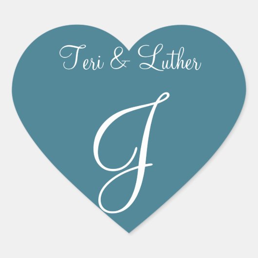 ティール(緑がかった色)ブルー名イニシャル招待状 ハートシール (正面)