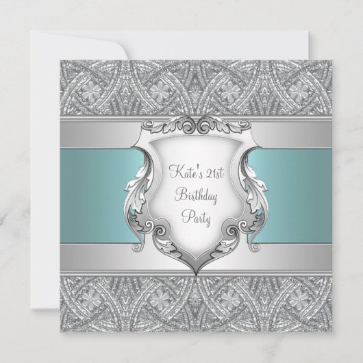 ティール(緑がかった色)ブルー女性21st誕生日パーティー 招待状 (正面)