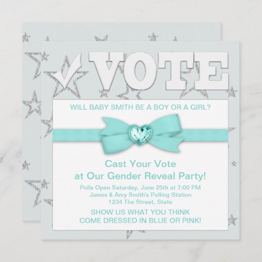 ティール（緑がかった色）ブルー性別の表示パーティー 招待状 (正面/裏面)