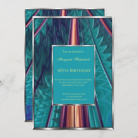 ティール（緑がかった色）ブルー抽象芸術40th誕生日パーティー 招待状 (正面/裏面)