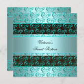 ティール(緑がかった色)ブルー旋回エレガントSweet sixteen 招待状 (正面/裏面)