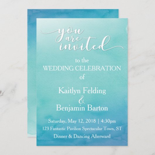 ティール(緑がかった色)&ブルー水グラデーション色結婚式招待状3a 招待状 (正面/裏面)