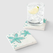 ティール(緑がかった色)ブルー水彩花模様 ストーンコースター (横)