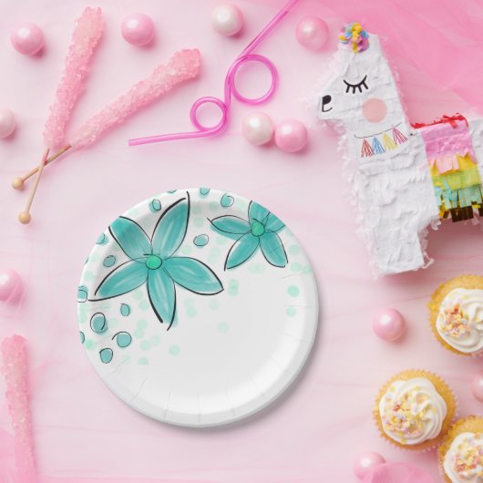 ティール（緑がかった色）ブルー水彩花模様 ペーパープレート (パーティー)