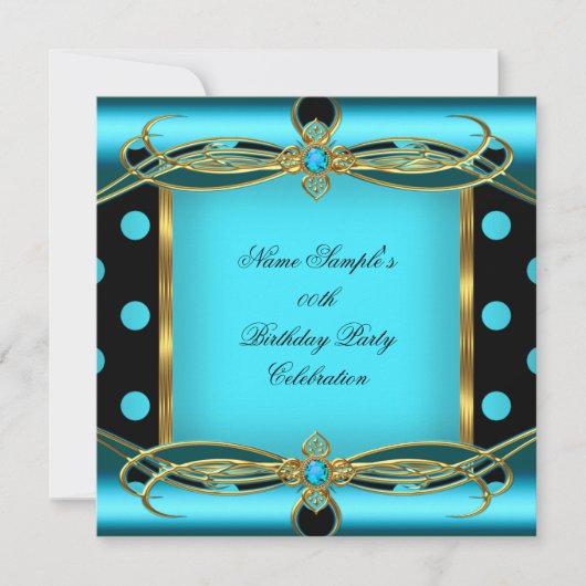 ティール(緑がかった色)ブルー水玉模様金ゴールドブラックバースデーパーティー 招待状 (正面)