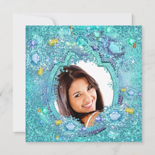 ティール(緑がかった色)ブルー海キンセアニェラ15th誕生日写真 招待状 (裏面)