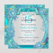 ティール(緑がかった色)ブルー海ジェムズキンセアニェラ誕生日写真 招待状 (正面/裏面)
