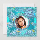 ティール(緑がかった色)ブルー海ジェムズキンセアニェラ誕生日写真 招待状 (裏面)
