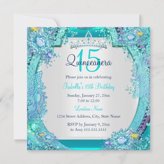 ティール(緑がかった色)ブルー海ジェムズキンセアニェラ誕生日写真 招待状 (正面)