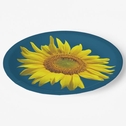 ティール（緑がかった色）ブルー独身のサンフラワー紙プレート ペーパープレート (アングル)