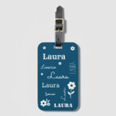 ティール(緑がかった色)ブルー白い花カスタマイズ, ラゲッジタグ (正面縦)