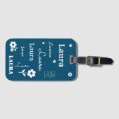 ティール(緑がかった色)ブルー白い花カスタマイズ, ラゲッジタグ (正面横)