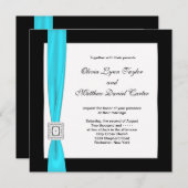 ティール(緑がかった色)ブルー白黒ティール(緑がかった色)ボー結婚ズ 招待状 (正面/裏面)