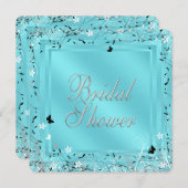 ティール(緑がかった色)ブルー白黒バタフライブライダルシャワー 招待状 (正面/裏面)