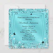 ティール(緑がかった色)ブルー白黒バタフライブライダルシャワー 招待状 (裏面)