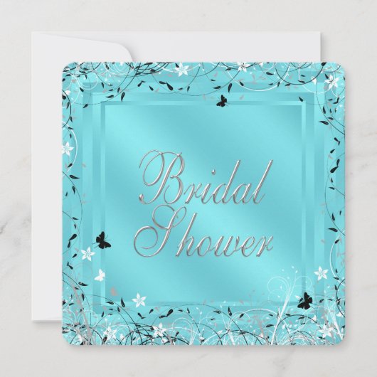 ティール(緑がかった色)ブルー白黒バタフライブライダルシャワー 招待状 (正面)