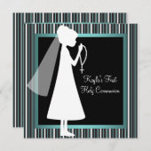 ティール（緑がかった色）ブルー白黒ロザリーガールズファースト 招待状 (正面/裏面)