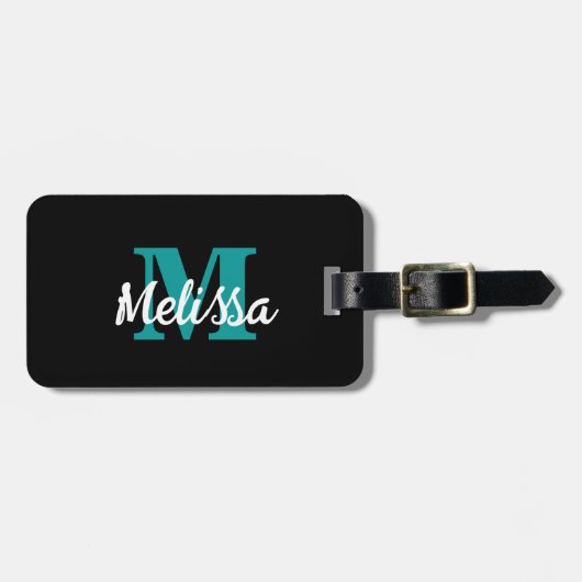 ティール(緑がかった色)ブルー白黒名前をカスタムするカラーモノグラム ラゲッジタグ (正面横)