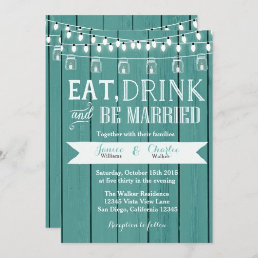 ティール（緑がかった色）ブルー素朴ウッド結婚式招待状 招待状 (正面/裏面)