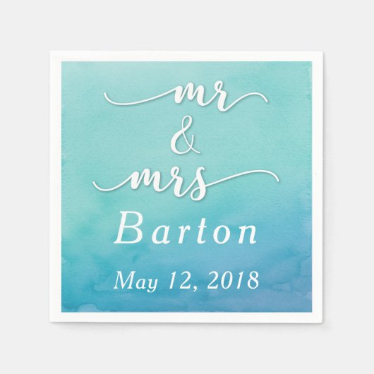 ティール（緑がかった色）&ブルー結婚ウォーターカラー氏&ミセスタイポグラフィ スタンダードカクテルナプキン (正面)