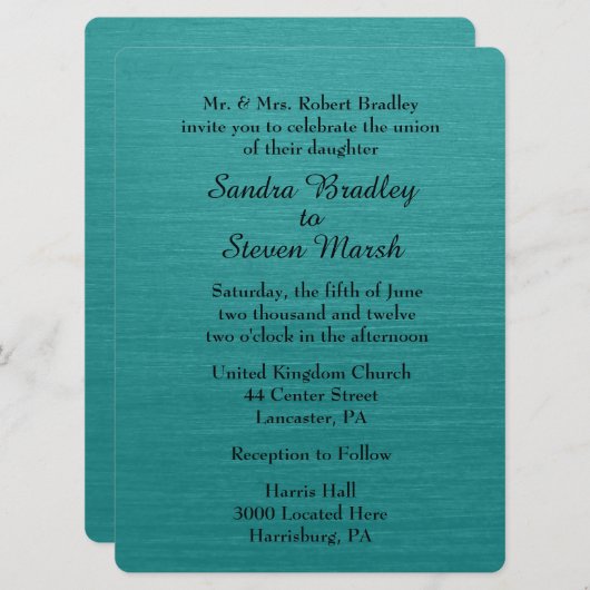 ティール（緑がかった色）ブルー結婚式招待状 招待状 (正面/裏面)