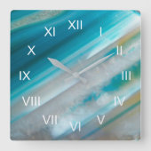 ティール(緑がかった色)ブルー縞模様アゲート付ローマ数字 スクエア壁時計 (正面)